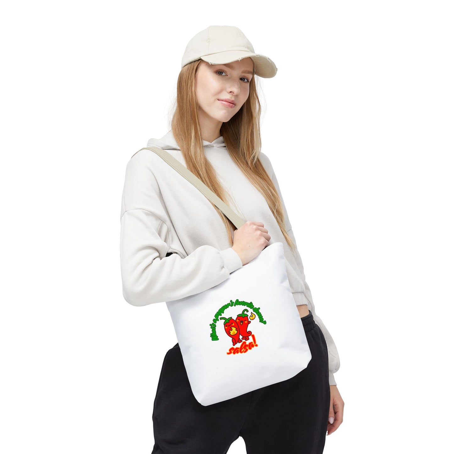 “What’s a Pepper’s Favorite Dance? Salsa!” Salsa Dance Pun Tote Bag – Funny Kawaii Pepper Graphic Canvas Bag for Dancers & Food Lovers