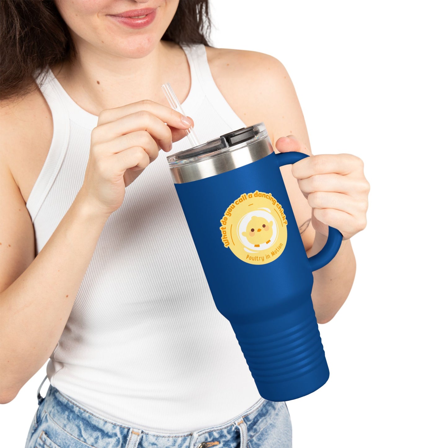 "Poultry in Motion" 40oz Insulated Travel Mug – Cute Dancing Chick Graphic | Funny Dance-Themed Stainless Steel Tumbler for On-the-Go Sipping