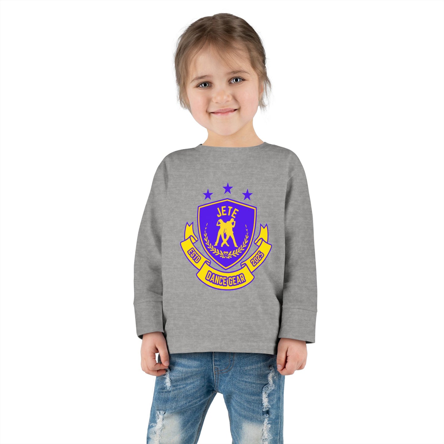 "Jeté Dance Gear" Toddler Dance T-Shirt – Collegiate-Inspired Dancer Graphic Long Sleeve Tee for Kids