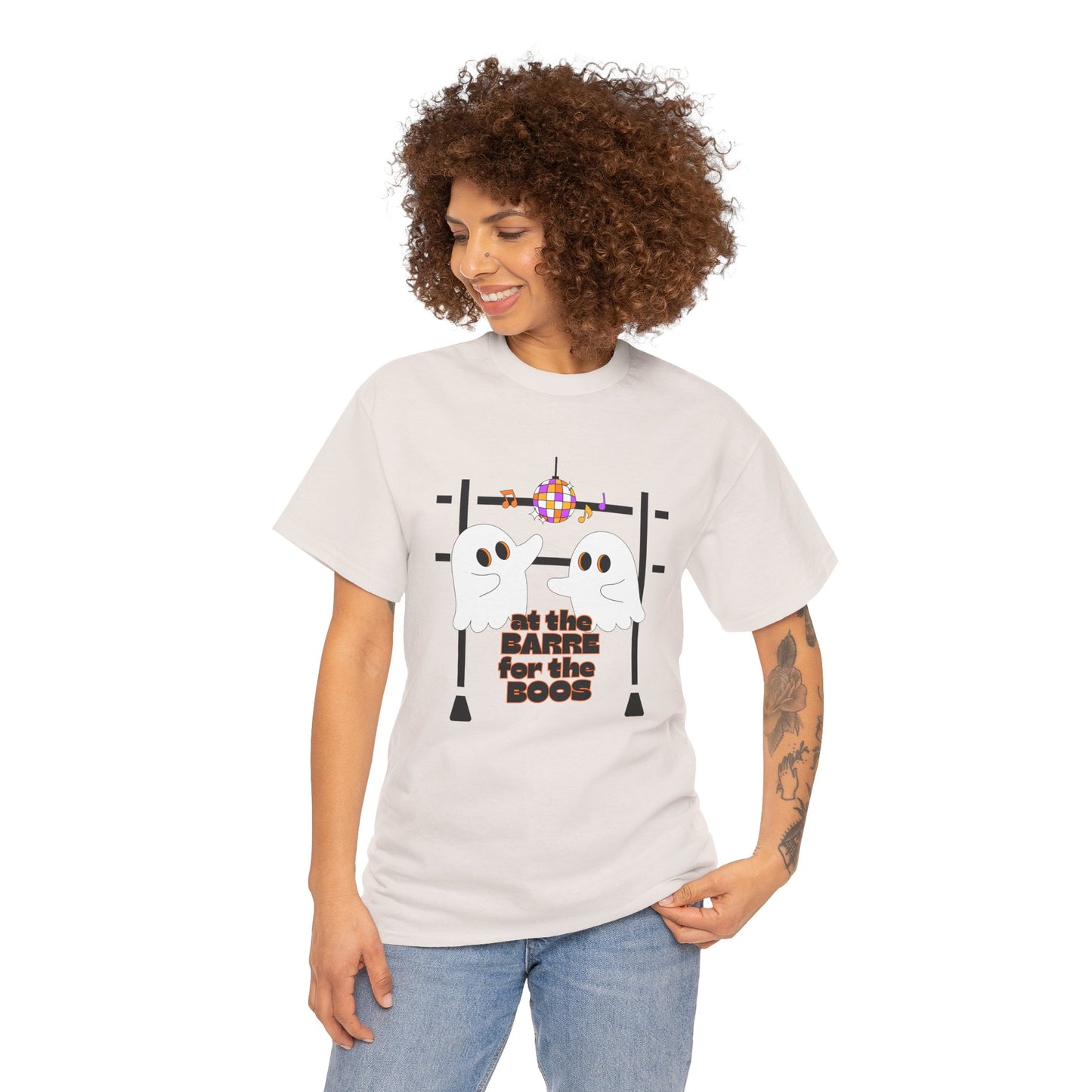 “At the Barre for the Boos” Dance Halloween T-Shirt with Cute Ghost Ballet Graphics - Unisex Heavy Cotton Tee