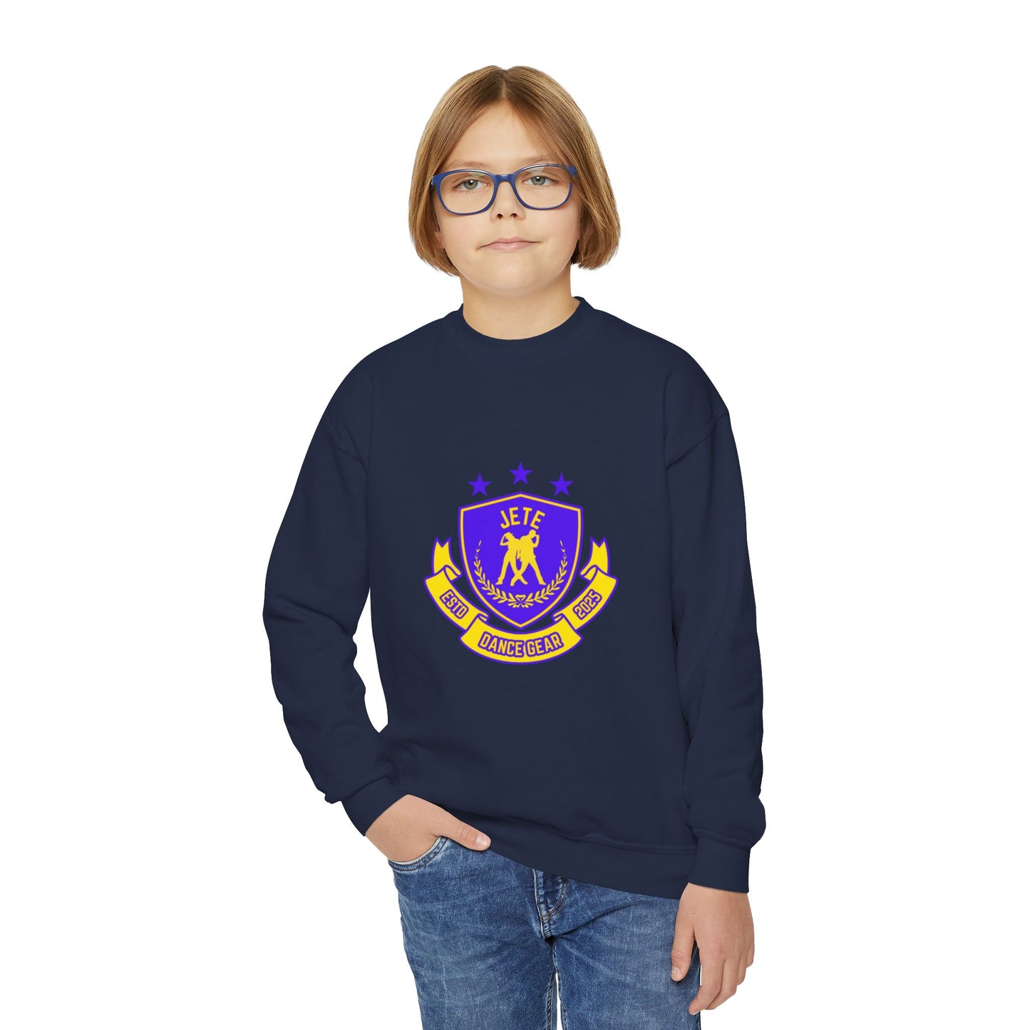 "Jeté Dance Gear" – Collegiate Style Youth Crewneck Sweatshirt | Bold Kids Dance Team Pullover