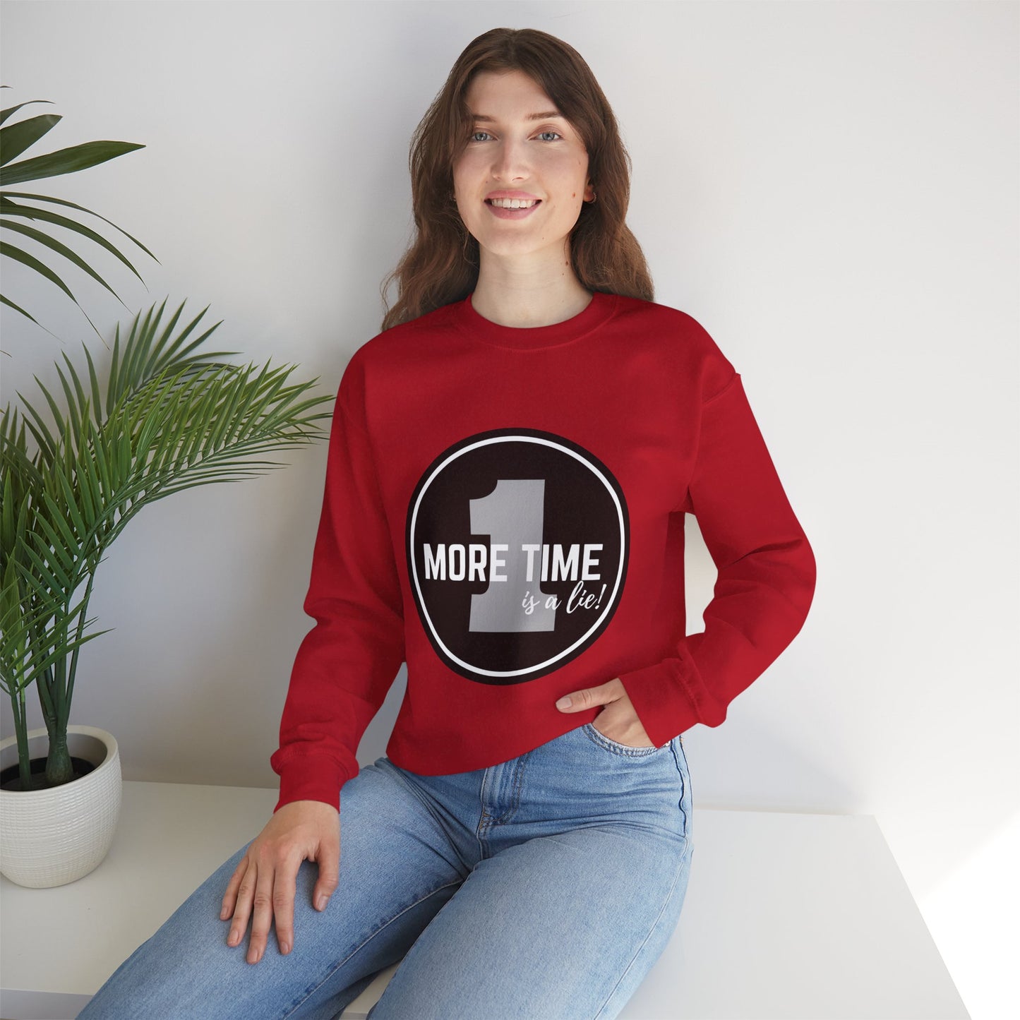 "One More Time Is a Lie." Unisex Heavy Blend Crewneck Sweatshirt – Bold Emblem Graphic Dance Teacher Quote Pullover for Dancers & Studio Life