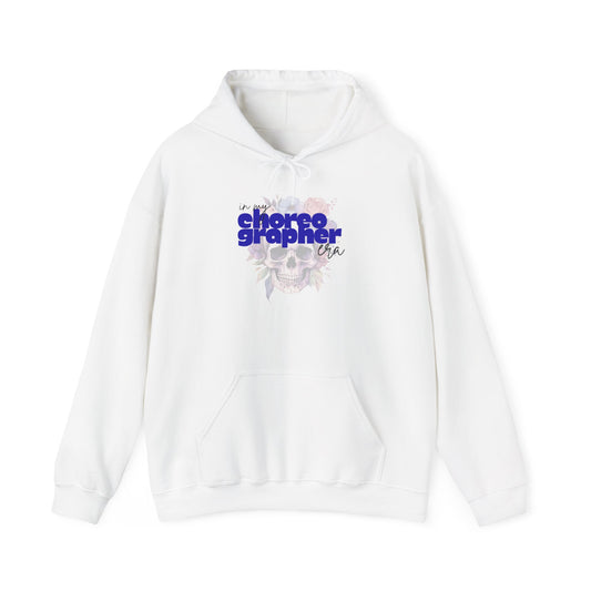 White hoodie with 'choreographer' text and floral design on a white background