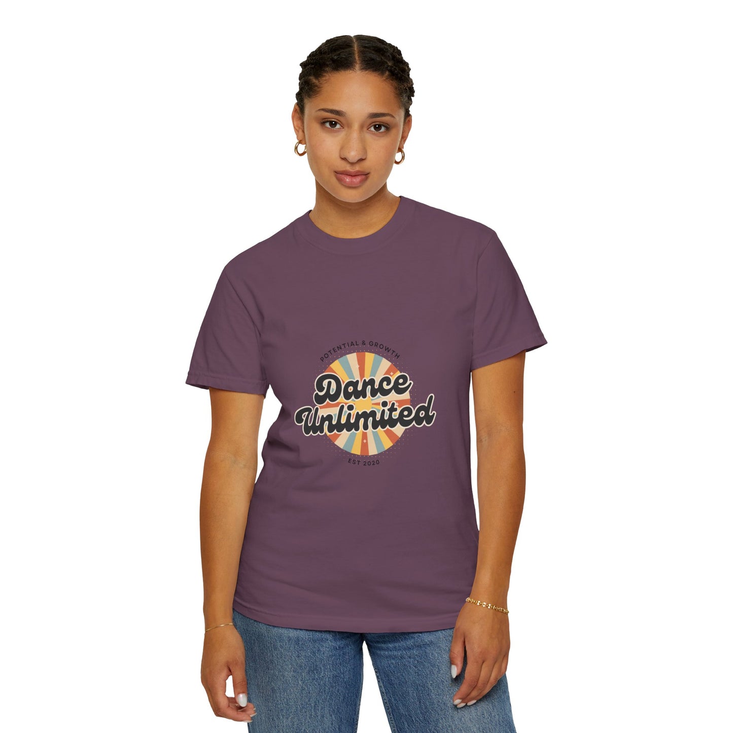 "Dance Unlimited, Potential & Growth" Unisex Garment-Dyed T-Shirt – Retro-Inspired Dance Motivation Graphic Tee – Inspirational Shirt for Dancers"