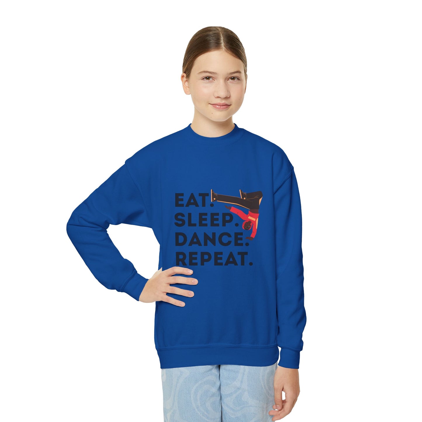 "Eat Sleep Dance Repeat" – Bold B-Boy Graphic Youth Crewneck Sweatshirt | Hip Hop Dance Kids Pullover