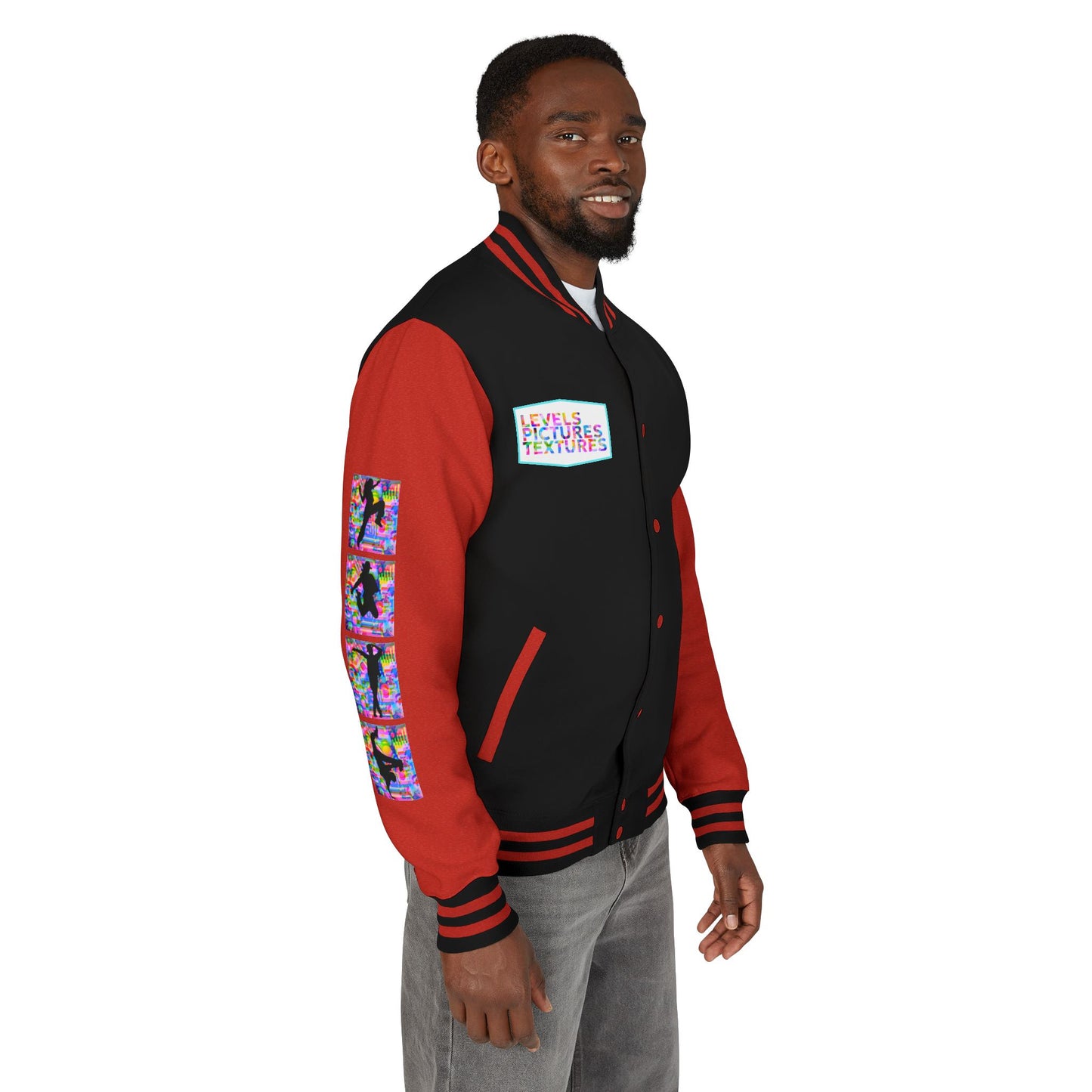 Levels Premium Collection Dance Letterman Jacket β Colorful Unisex Streetwear Varsity Jacket with "Levels Pictures Textures" Front and Dancer Silhouette Back Graphic