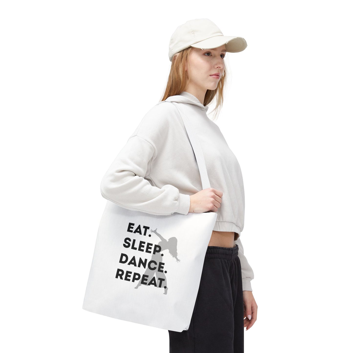 "Eat Sleep Dance Repeat" Canvas Tote Bag – Gray Dancer Silhouette Dance-Themed Reusable Shoulder Bag for Dancers, Studio, or Everyday Use