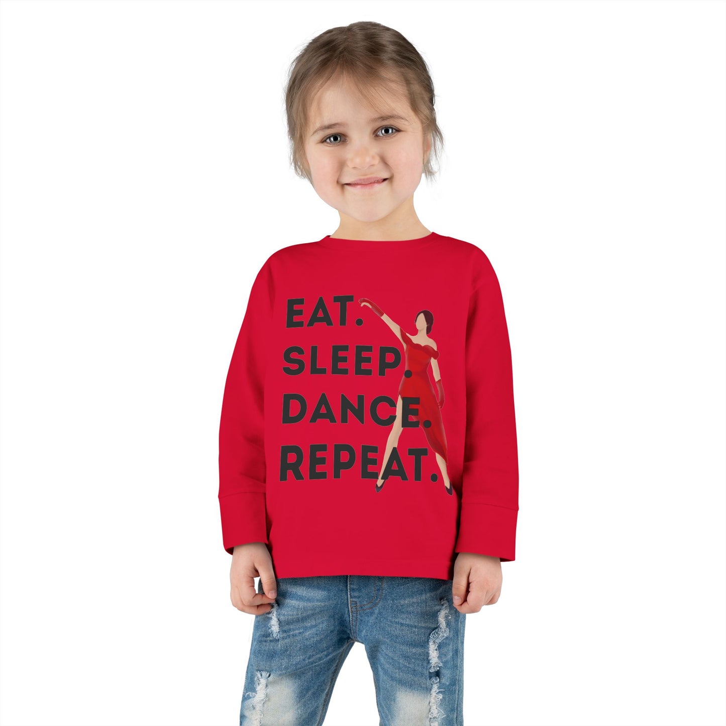 "Eat, Sleep, Dance, Repeat" Toddler Dance Long Sleeve T-Shirt – Bold Dancer Graphic Shirt for Kids