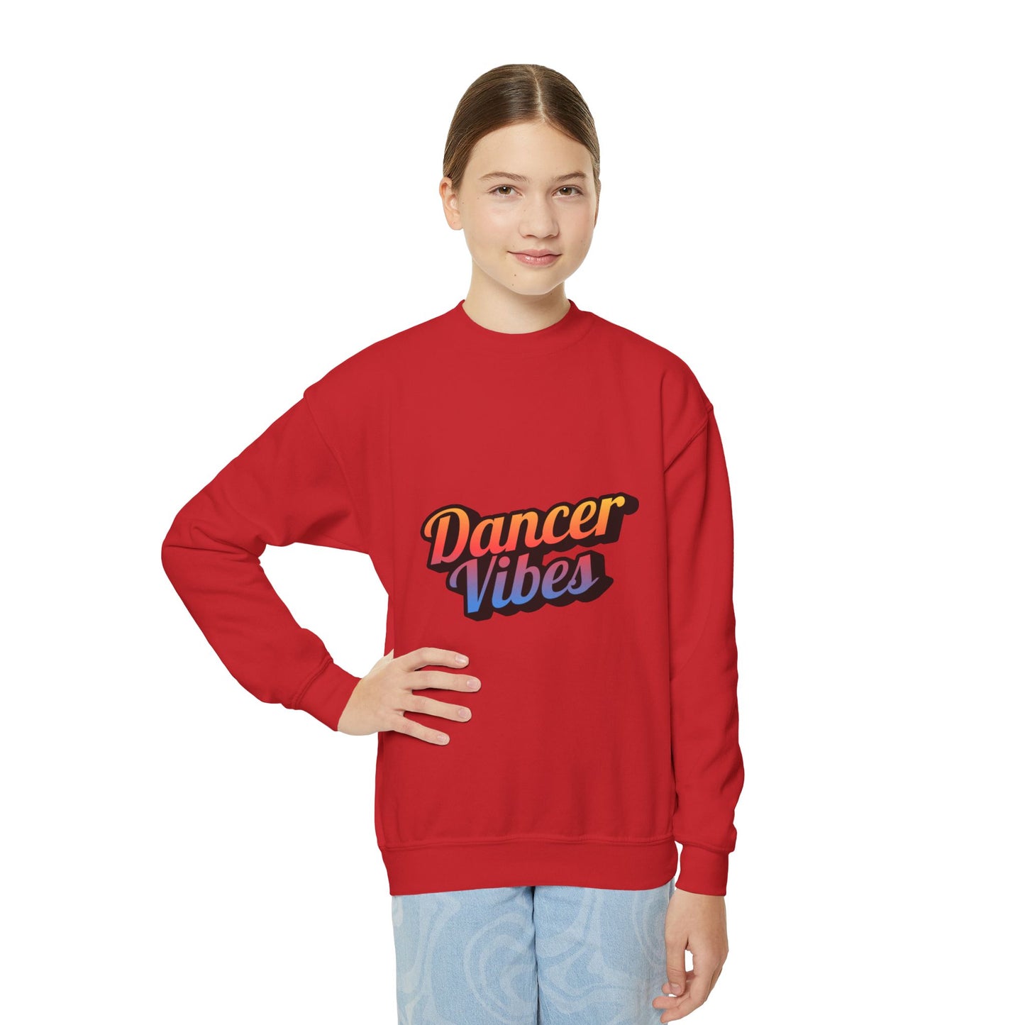 "Dancer Vibes" Youth Crewneck Sweatshirt – Colorful Text-Based Dance Graphic Pullover for Kids and Teens