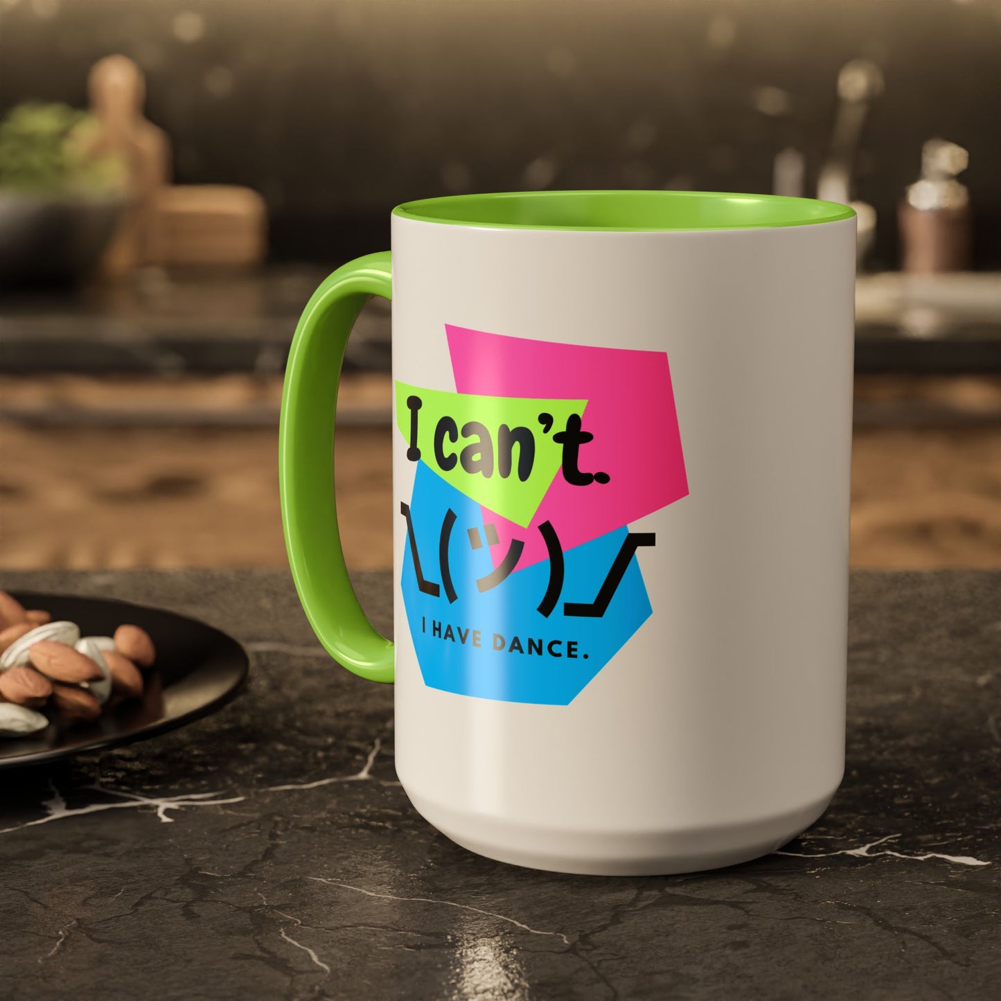 “I Can’t. I Have Dance Mug.” with Colored Handles – Bold 80s Retro Dance Graphic Coffee Cup