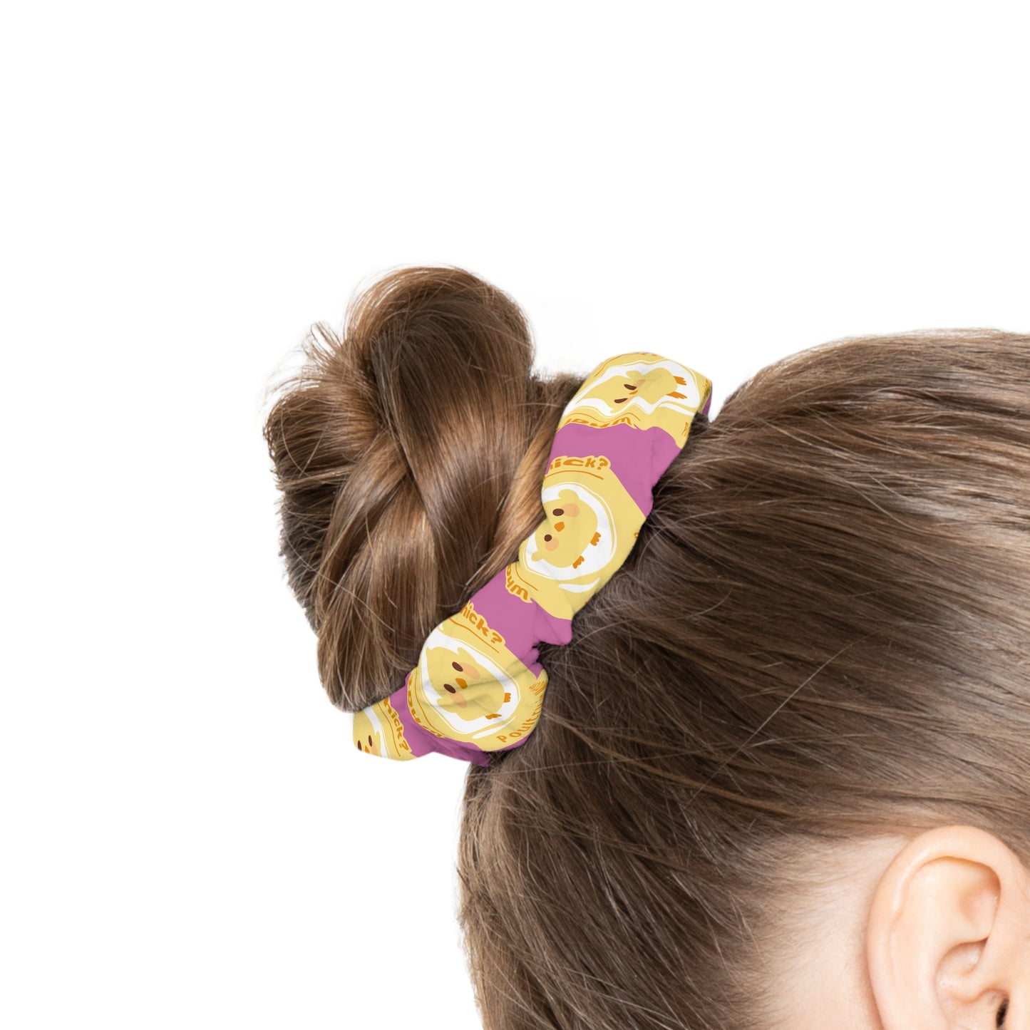 “What do you call a dancing chick? Poultry in Motion” Scrunchie – Funny Dance Pun Hair Accessory with Cute Dancing Chicken Graphic