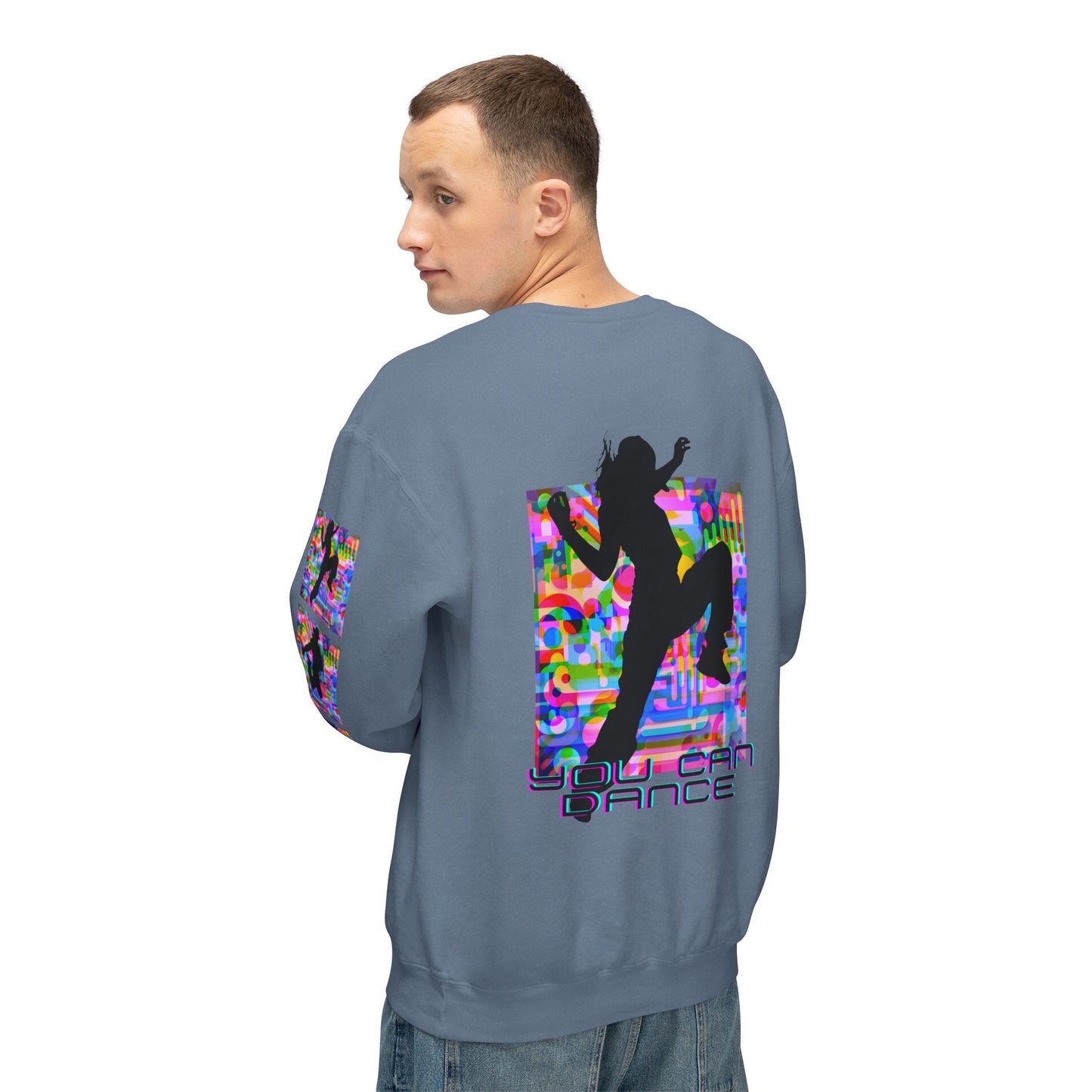 Levels Premium Collection Dance Crewneck Sweatshirt – Vibrant Unisex Streetwear Pullover with "Levels Pictures Textures" Front Text and Dancer Silhouettes on Sleeves