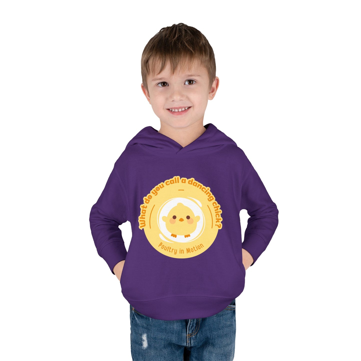 "What do you call a dancing chick? Poultry in Motion." Toddler Pullover Hoodie – Funny Dancing Chicken Pun Graphic Fleece Sweatshirt for Kids