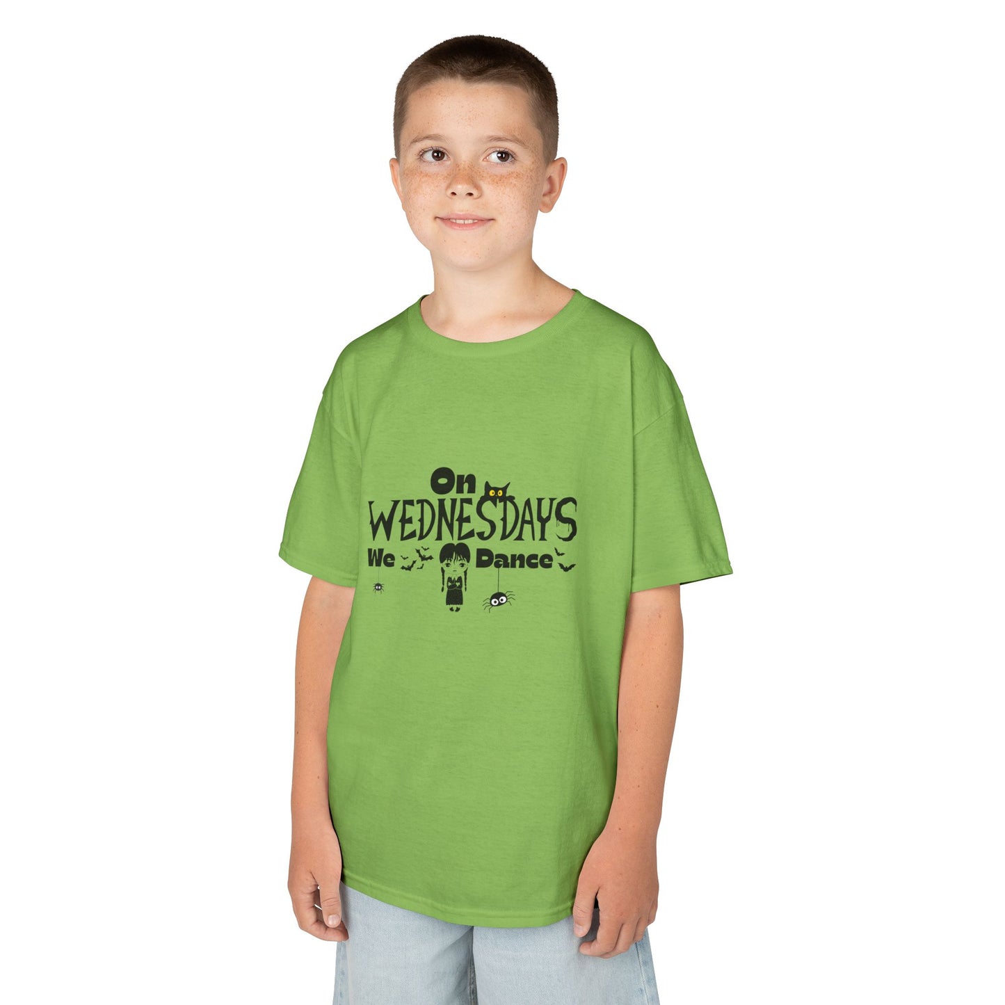 “On Wednesdays We Dance” Gothic Halloween T-Shirt with Cute Girl, Black Cat, Spiders & Bats - Kids Heavy Cotton™ Tee