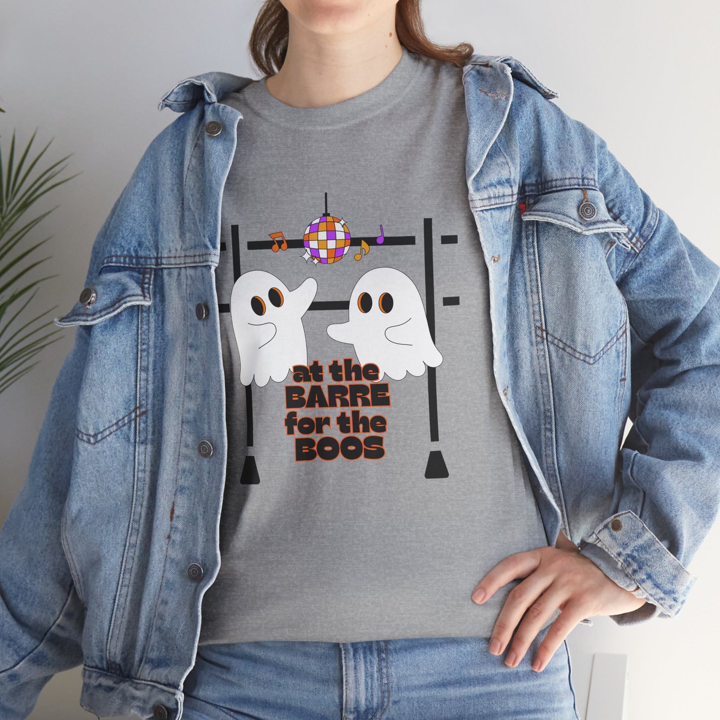 “At the Barre for the Boos” Dance Halloween T-Shirt with Cute Ghost Ballet Graphics - Unisex Heavy Cotton Tee