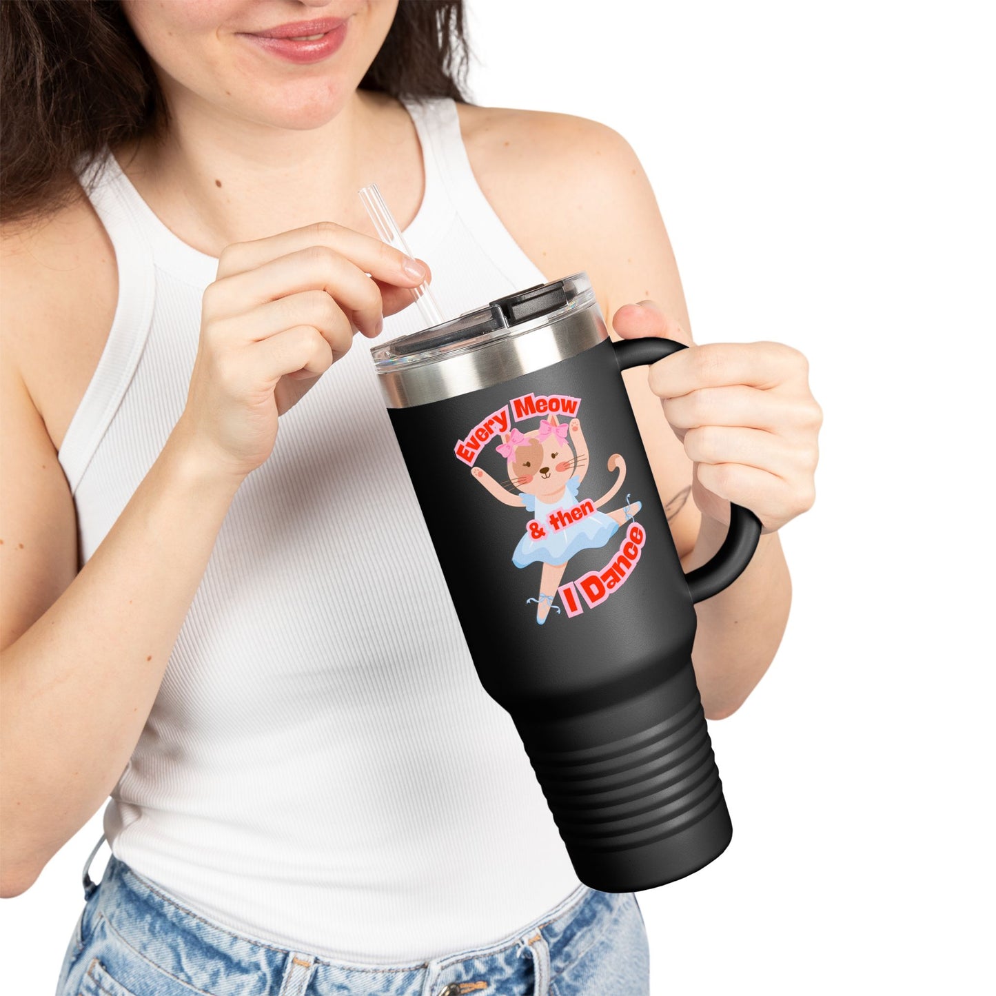 “Every Meow & Then I Dance” Adorable Dancing Cat Graphic | Cute Cat Dance Tumbler for Ballet Lovers & On-the-Go Coffee Enthusiasts - 40oz Insulated Travel Mug