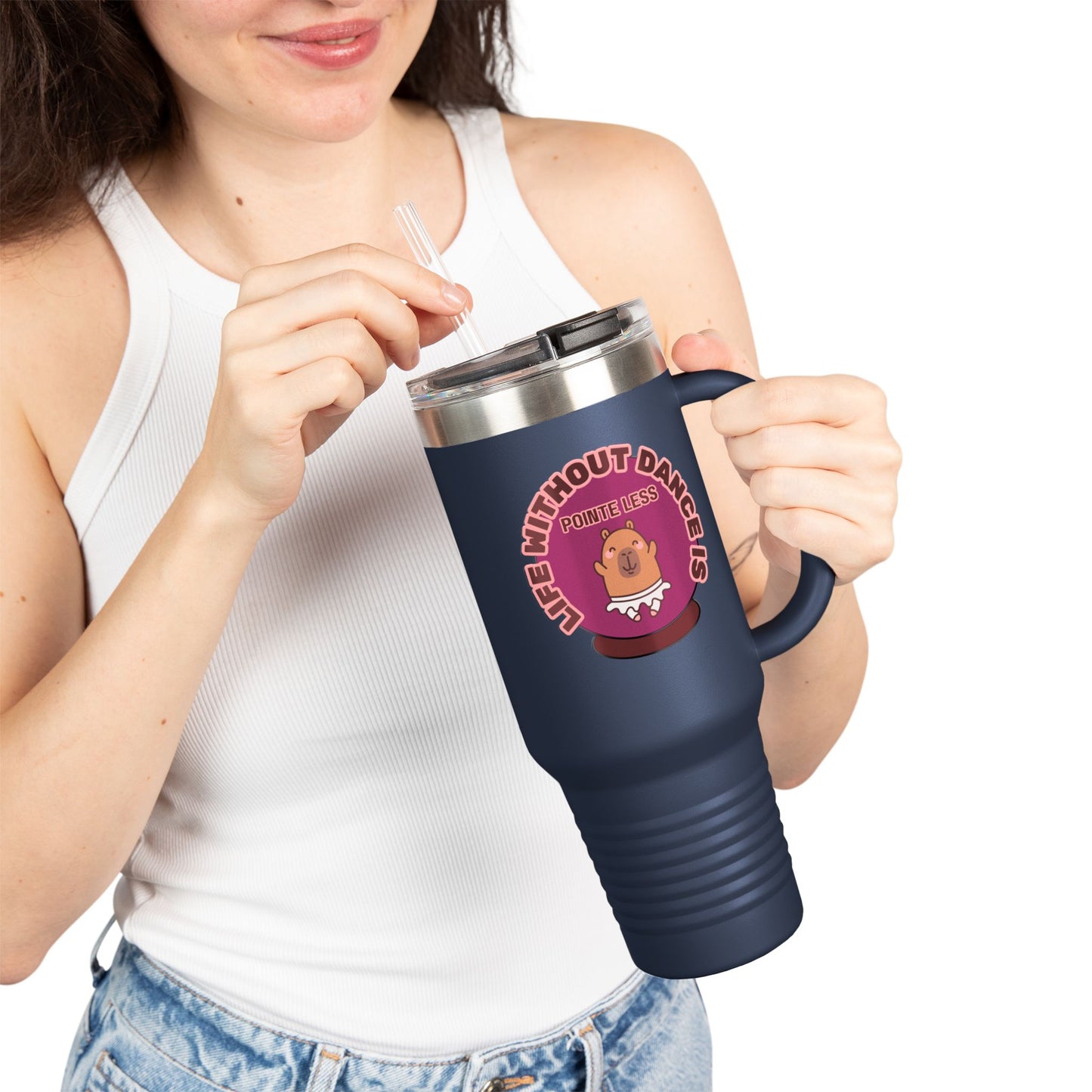 "Life Without Dance is Pointeless" 40oz Insulated Travel Mug – Cute Capybara Dance Graphic Stainless Steel Tumbler for Dancers & Dance Lovers