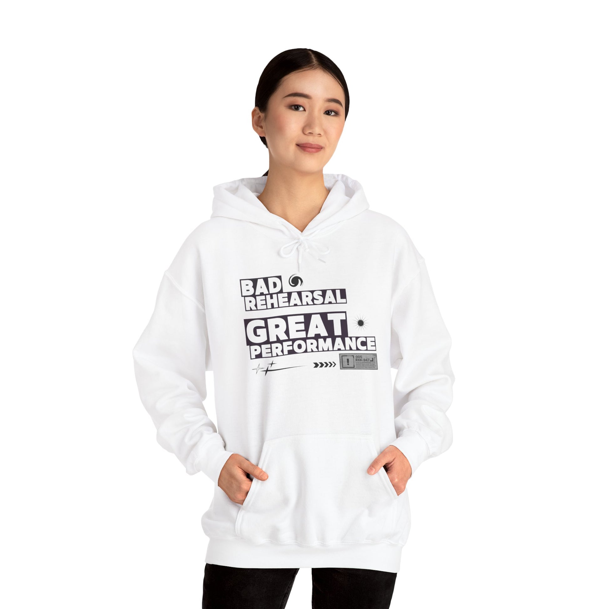 Person wearing a white hoodie with text on a white background