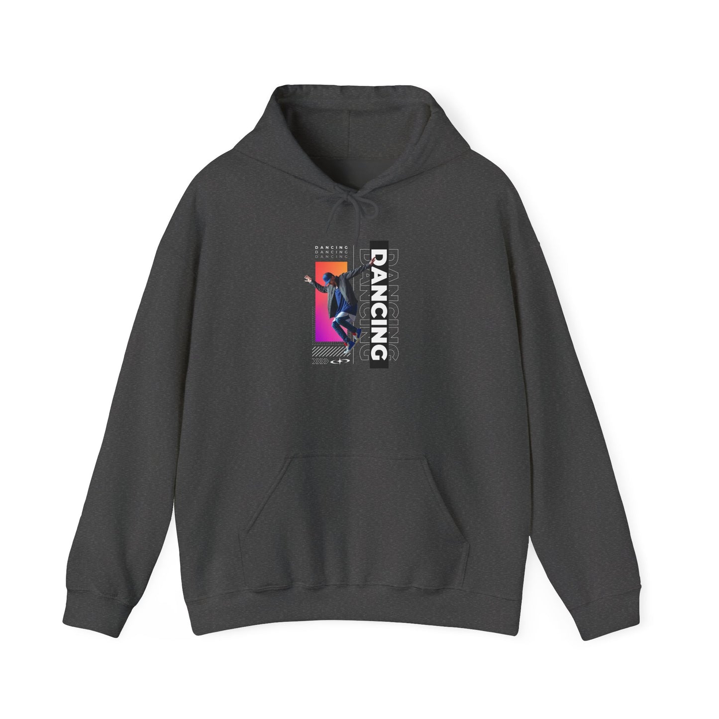 “Dancing” Text with Streetwear-Style Male Dancer Graphic – Unisex Heavy Blend™ Hooded Sweatshirt – Cozy Dance Hoodie for Performers & Dance Enthusiasts