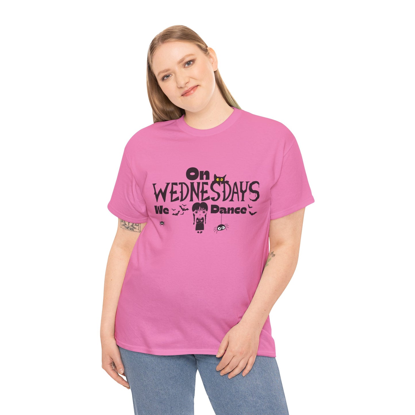 “On Wednesdays We Dance” Gothic Halloween T-Shirt with Cute Girl, Black Cat, Spiders & Bats - Unisex Heavy Cotton Tee