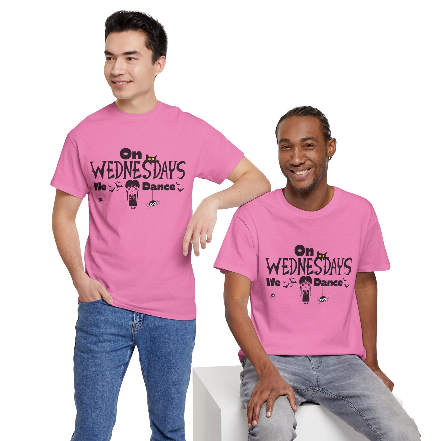 “On Wednesdays We Dance” Gothic Halloween T-Shirt with Cute Girl, Black Cat, Spiders & Bats - Unisex Heavy Cotton Tee
