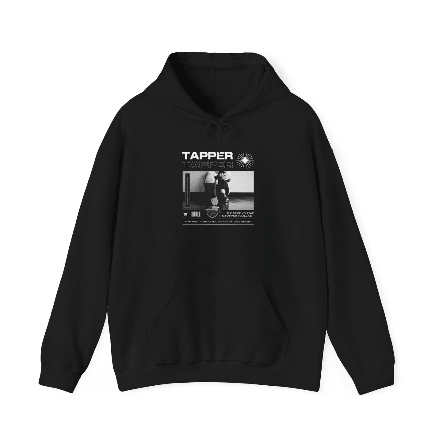 “Tapper” Tap Dance Text with Streetwear-Style Tap Shoes Graphic – Unisex Heavy Blend™ Hooded Sweatshirt – Cozy Dance Hoodie for Tap Dancers & Performing Arts Fans