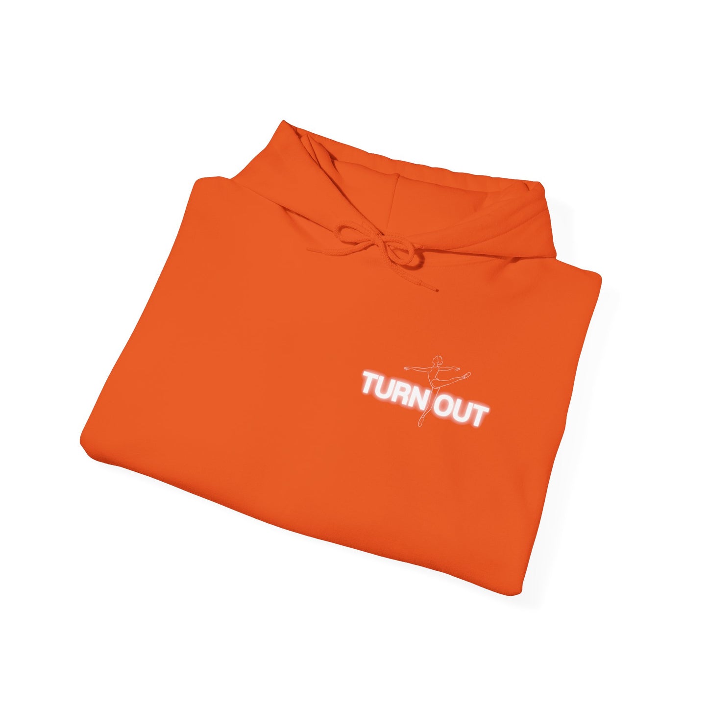 Orange hoodie with 'TURN OUT' logo on a white background