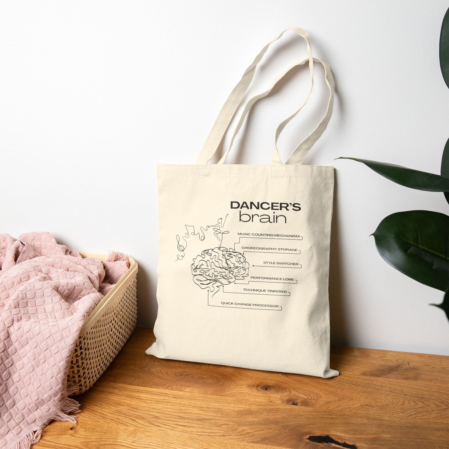 “Dancer’s Brain” Cotton Canvas Tote Bag with Funny Dance Mind Graphic – Cute Ballet & Dance Tote with Custom Name or Studio Personalization Option