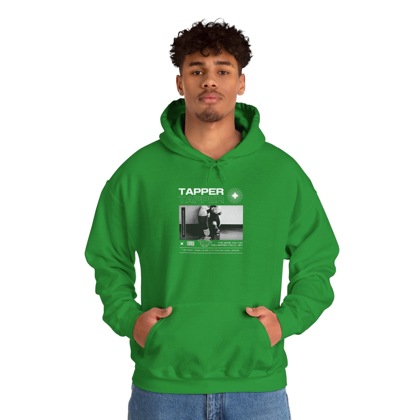 “Tapper” Tap Dance Text with Streetwear-Style Tap Shoes Graphic – Unisex Heavy Blend™ Hooded Sweatshirt – Cozy Dance Hoodie for Tap Dancers & Performing Arts Fans