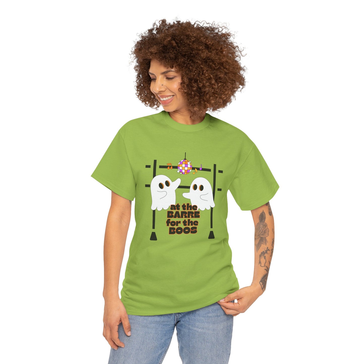 “At the Barre for the Boos” Dance Halloween T-Shirt with Cute Ghost Ballet Graphics - Unisex Heavy Cotton Tee