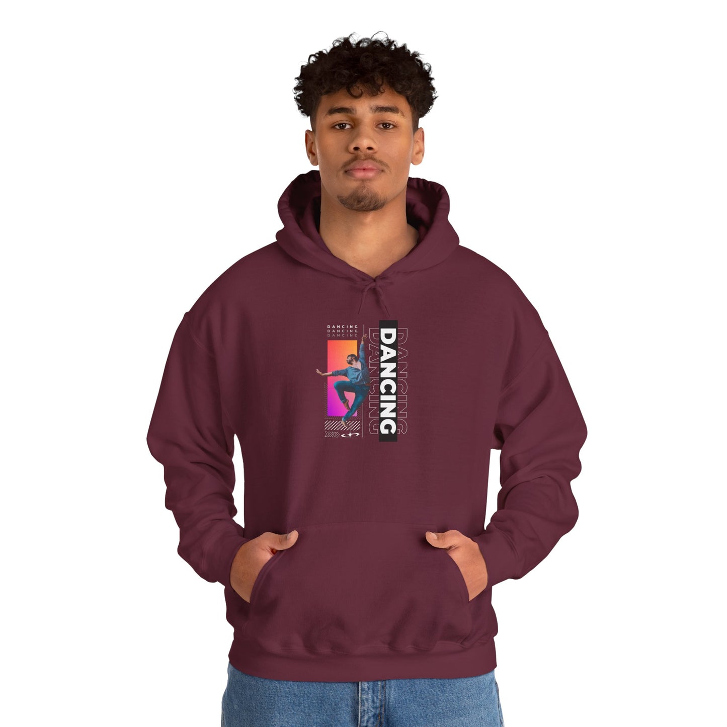 “Dancing” Text with Streetwear-Style Male Dancer Graphic – Unisex Heavy Blend™ Hooded Sweatshirt – Cozy Dance Hoodie for Performers & Dance Enthusiasts