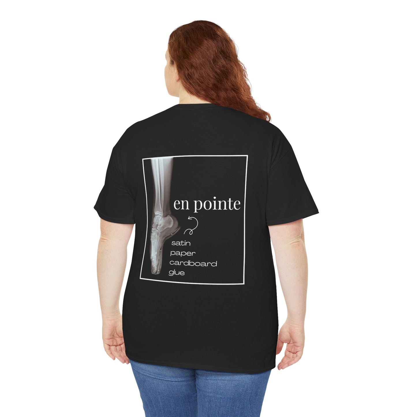 “I Dance en Pointe” X-Ray Ballet T-Shirt – Unisex Heavy Cotton Tee Featuring Pointe Shoe Foot Graphic with Optional Name or Studio Personalization on the back