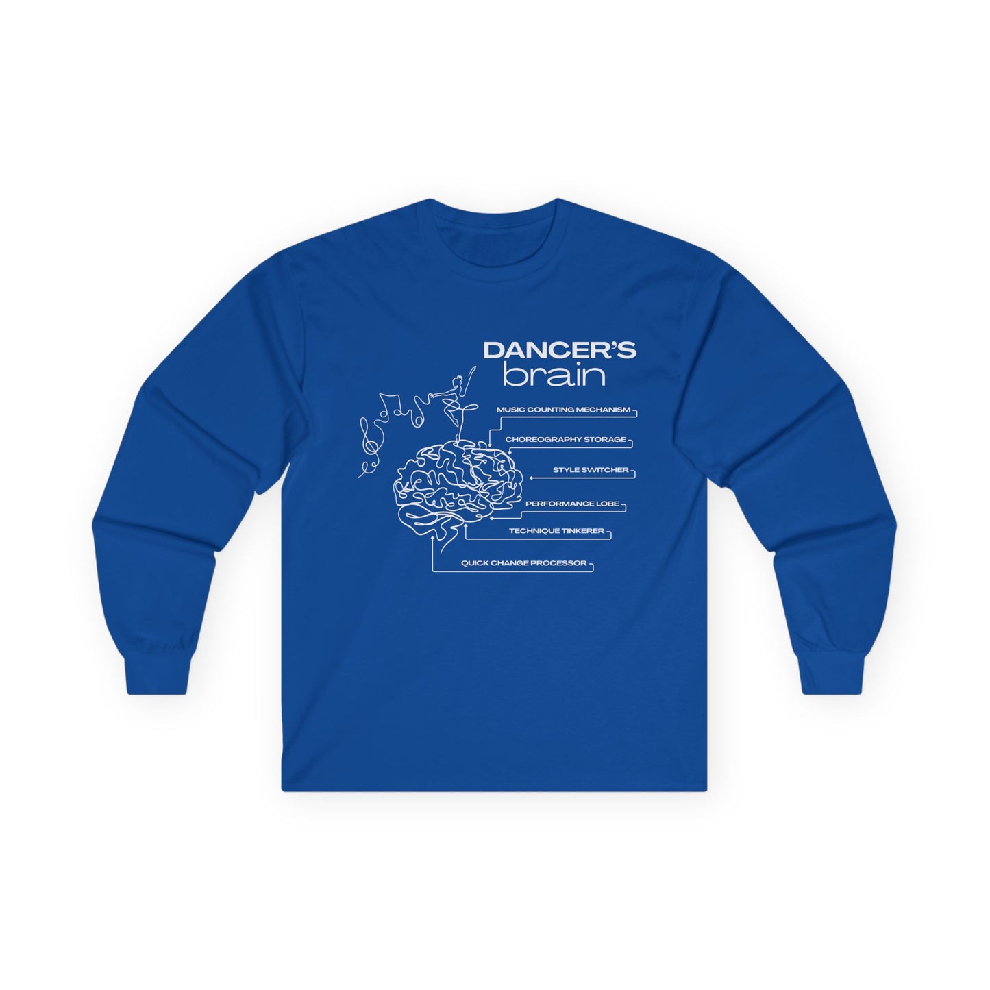 “Dancer’s Brain” Unisex Long Sleeve Tee – Funny Ballet & Dance Graphic Shirt with Labeled Brain Design + Optional Name or Studio Personalization
