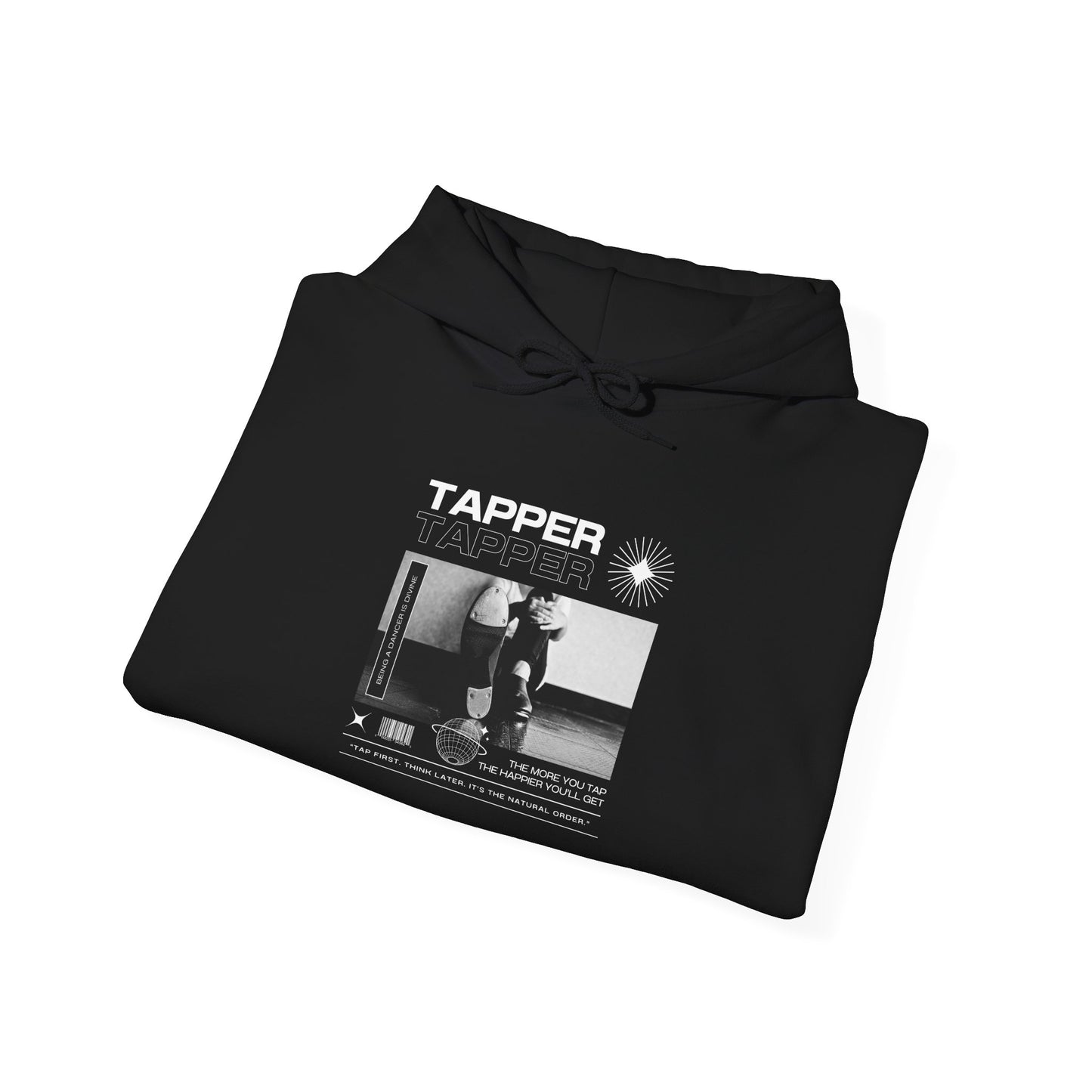 “Tapper” Tap Dance Text with Streetwear-Style Tap Shoes Graphic – Unisex Heavy Blend™ Hooded Sweatshirt – Cozy Dance Hoodie for Tap Dancers & Performing Arts Fans
