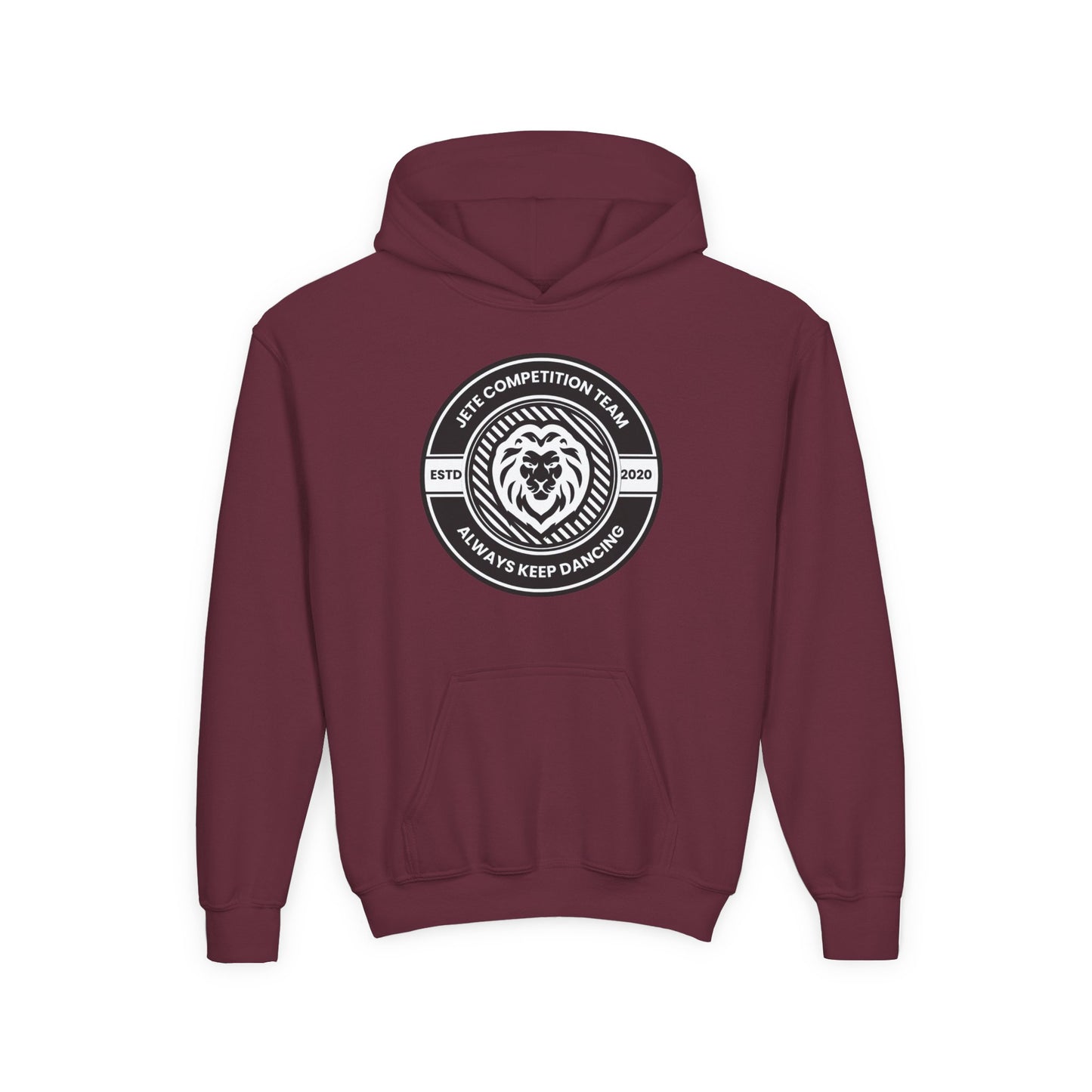 "Jeté Competition Team - Always Keep Dancing" Youth Hooded Sweatshirt – Bold Collegiate Emblem Dance Graphic Hoodie for Kids and Teens