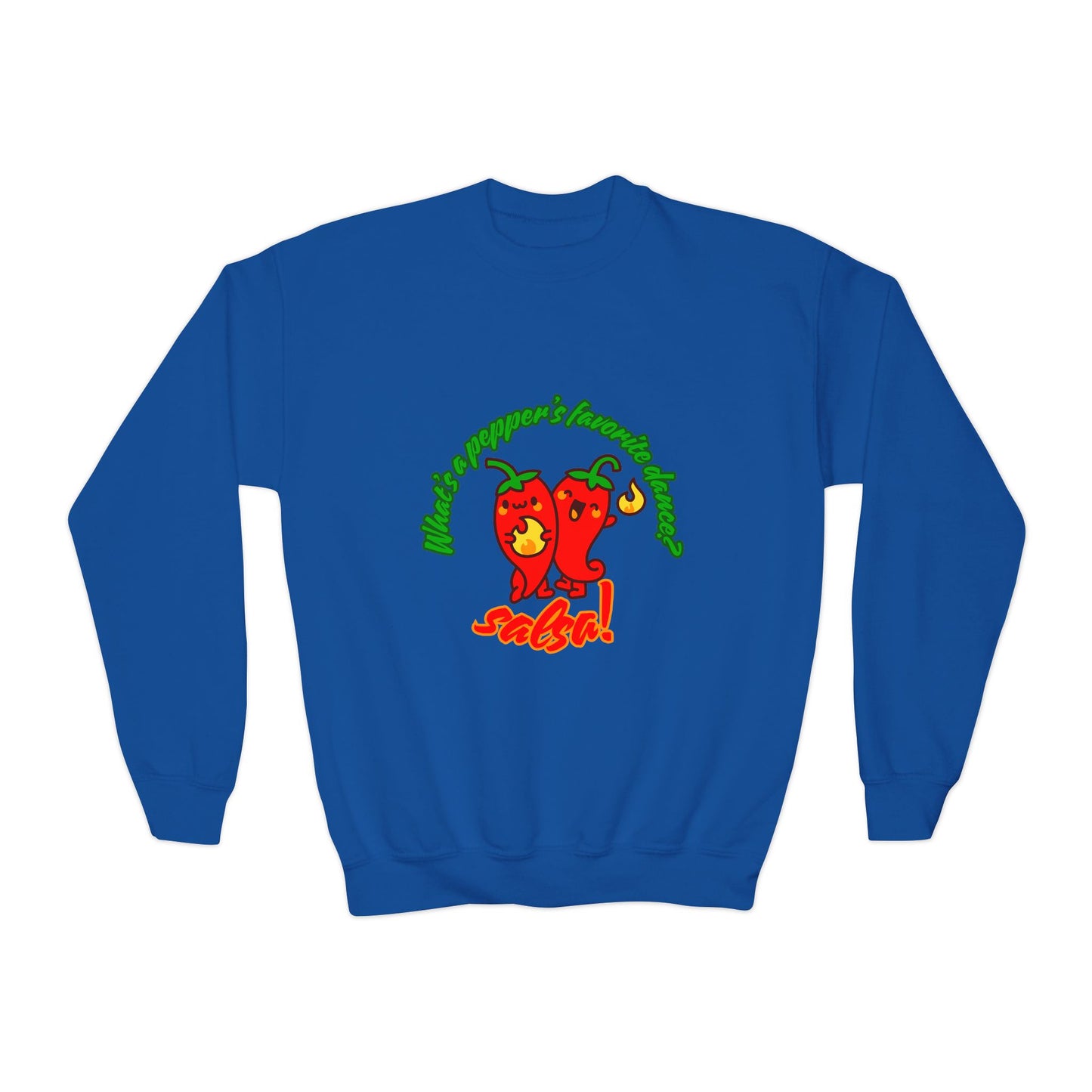 "What's a pepper's favorite dance? Salsa!" – Funny Dance Pun Youth Crewneck Sweatshirt | Cute Pepper Graphic Kids Pullover for Dancers
