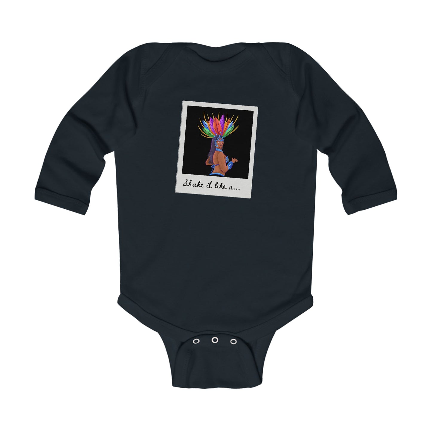 "Shake It Like a..." Infant Long Sleeve Bodysuit – Carnival-Inspired Samba Dancer Graphic Baby Outfit for Dance-Loving Families