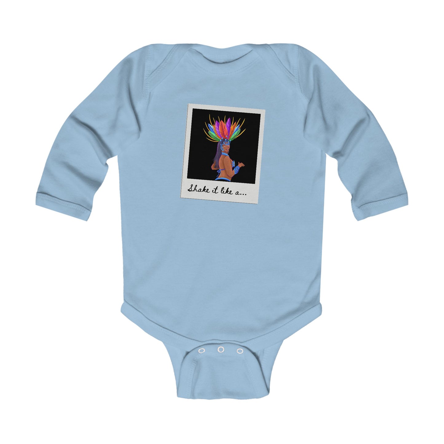 "Shake It Like a..." Infant Long Sleeve Bodysuit – Carnival-Inspired Samba Dancer Graphic Baby Outfit for Dance-Loving Families