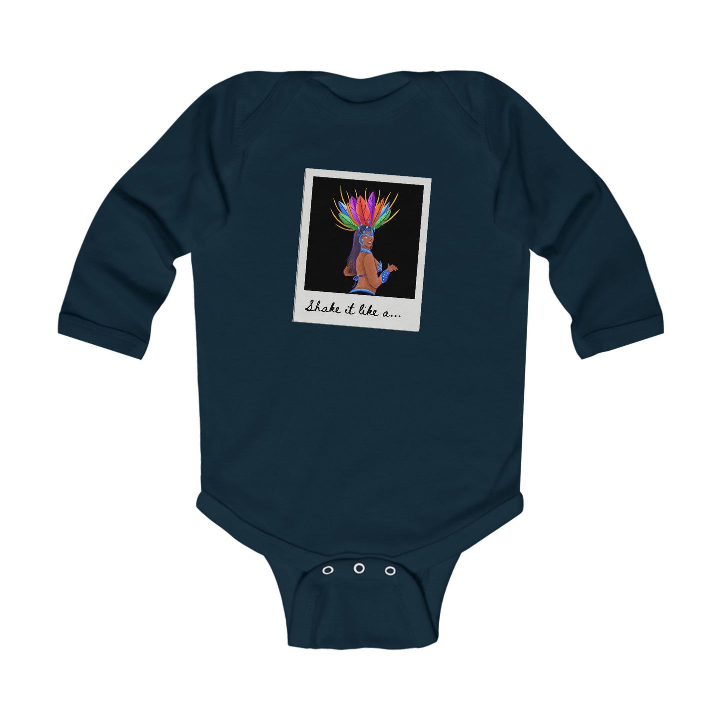 "Shake It Like a..." Infant Long Sleeve Bodysuit – Carnival-Inspired Samba Dancer Graphic Baby Outfit for Dance-Loving Families