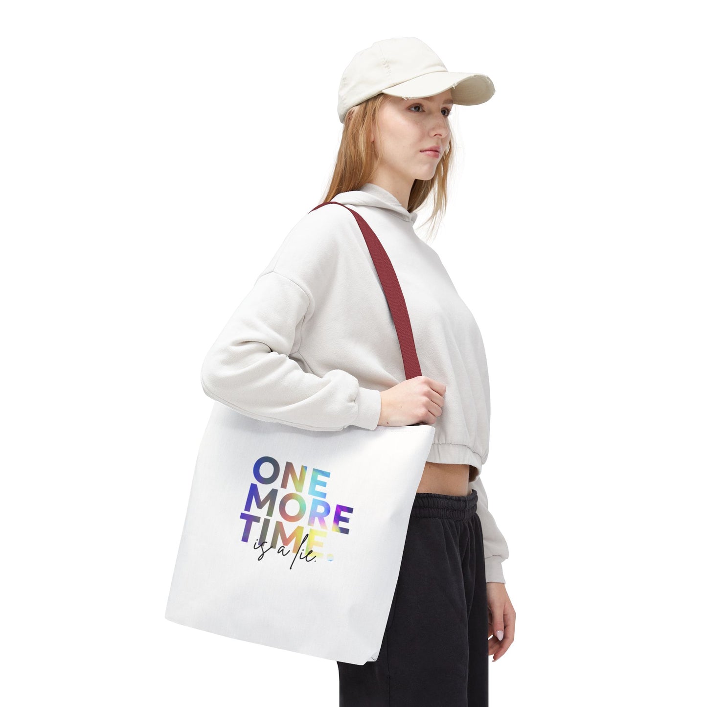 "One More Time Is a Lie" Dance Quote Canvas Tote Bag – Funny Colorful Text Graphic Dance Bag for Rehearsals, Studio & Everyday Use