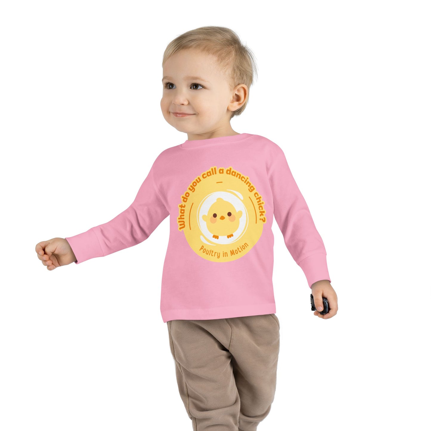 "What Do You Call a Dancing Chick? Poultry in Motion" Toddler Dance T-Shirt – Cute Chicken Graphic Long Sleeve Tee for Kids