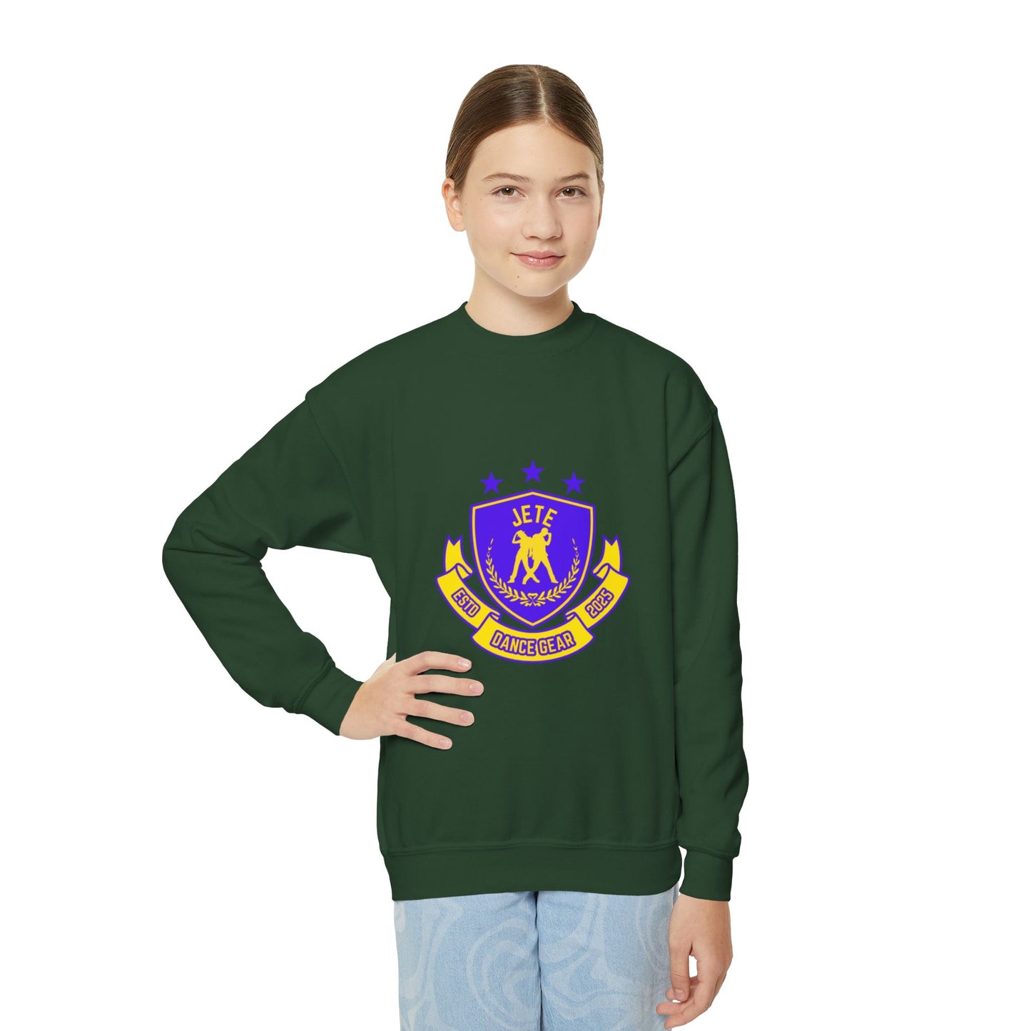 "Jeté Dance Gear" – Collegiate Style Youth Crewneck Sweatshirt | Bold Kids Dance Team Pullover
