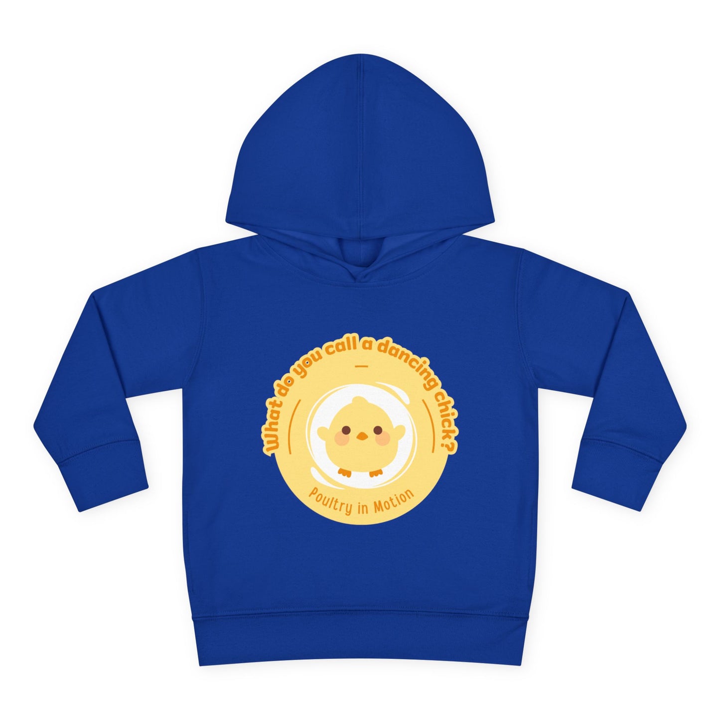 "What do you call a dancing chick? Poultry in Motion." Toddler Pullover Hoodie – Funny Dancing Chicken Pun Graphic Fleece Sweatshirt for Kids
