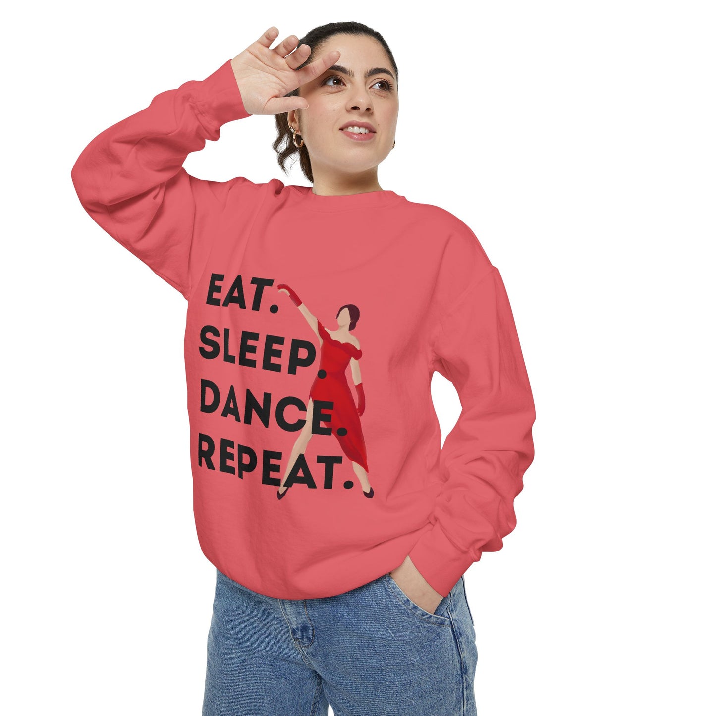 "Eat, Sleep, Dance, Repeat" Unisex Lightweight Crewneck Sweatshirt – Bold Dance Graphic Pullover for Dancers & Studio Life Enthusiasts
