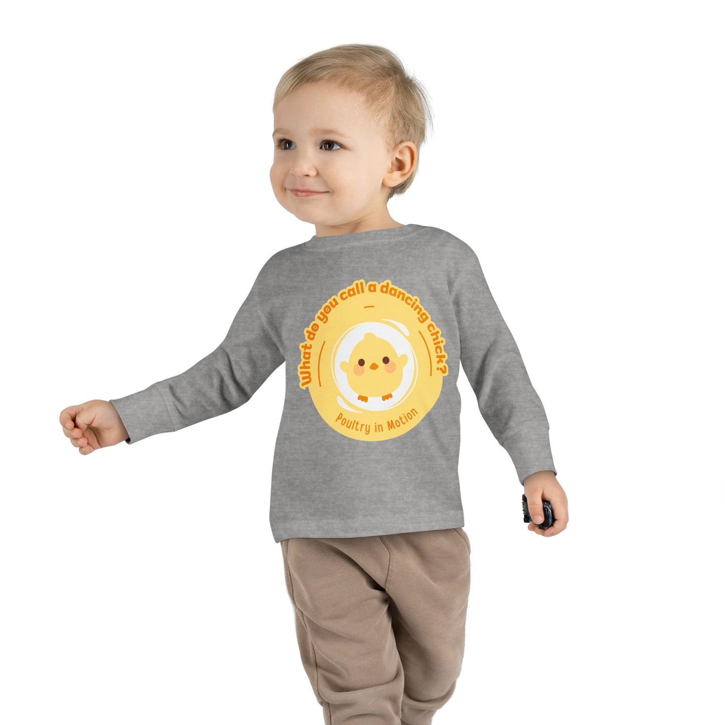 "What Do You Call a Dancing Chick? Poultry in Motion" Toddler Dance T-Shirt – Cute Chicken Graphic Long Sleeve Tee for Kids