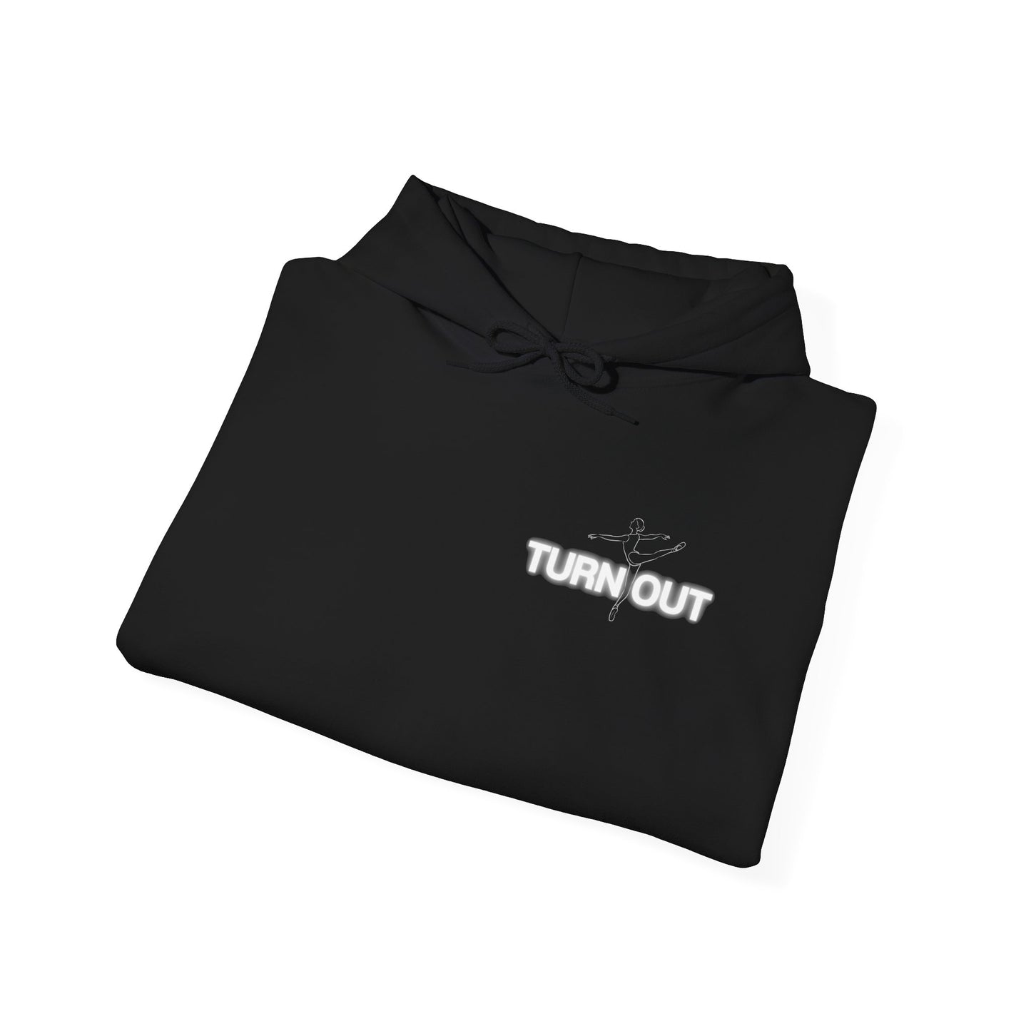 Folded black hoodie with 'TURN OUT' text on a white background