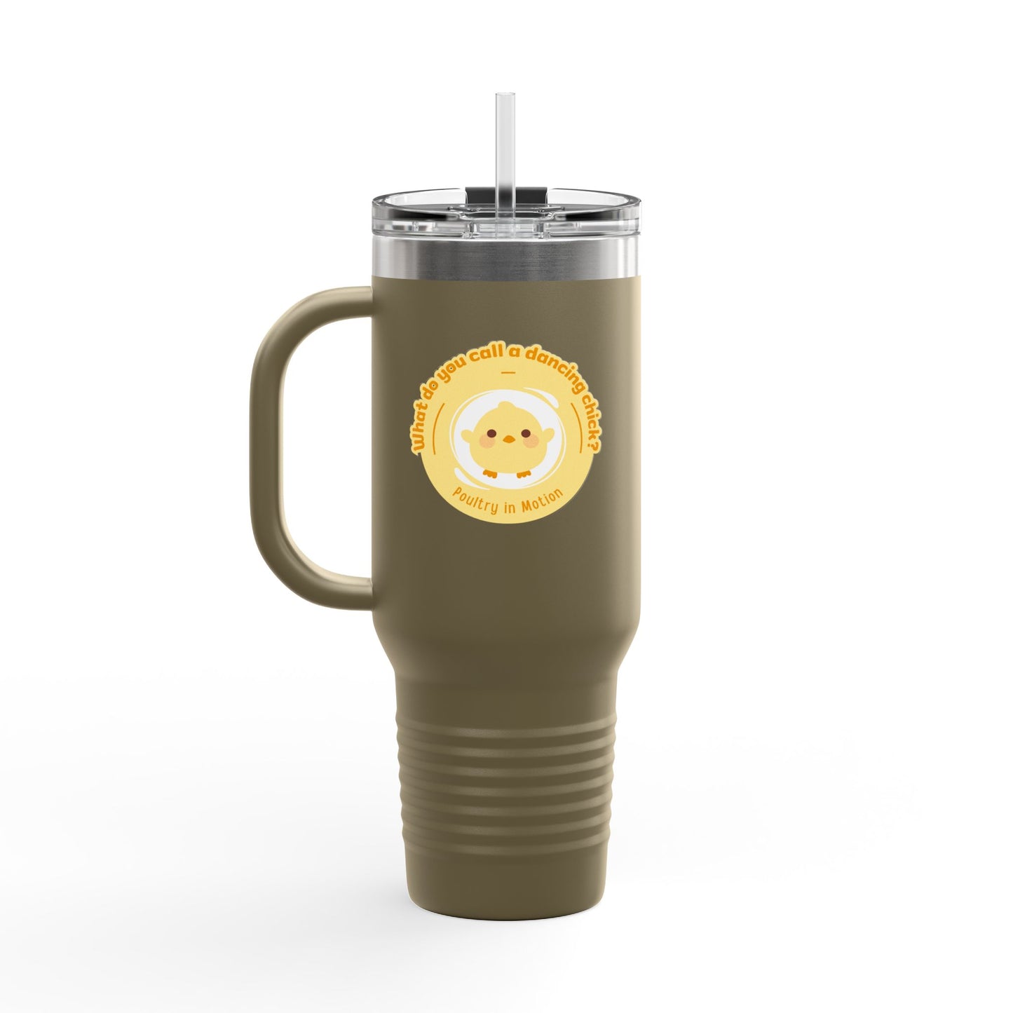 "Poultry in Motion" 40oz Insulated Travel Mug – Cute Dancing Chick Graphic | Funny Dance-Themed Stainless Steel Tumbler for On-the-Go Sipping