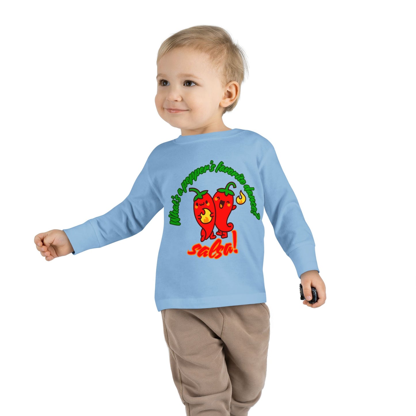 "What Is a Pepper's Favorite Dance? Salsa!" Toddler Dance T-Shirt – Cute Pepper Pun Graphic Long Sleeve Tee for Kids