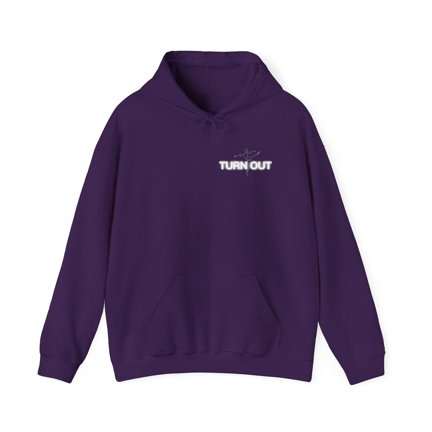 Purple hoodie with 'TURN OUT' text on a white background