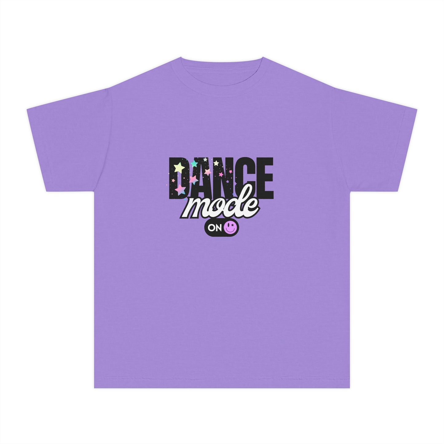 “Dance Mode On" Comfort Colors Youth Midweight T-Shirt – Pastel Stars & Smiley Face Dance Graphic Tee for Kids